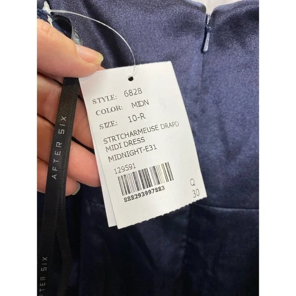 Nwt After Six Charmeuse Stretch Draped Midi Dress 10 Midnight Blue Satin Wrap - Picture 4 of 4